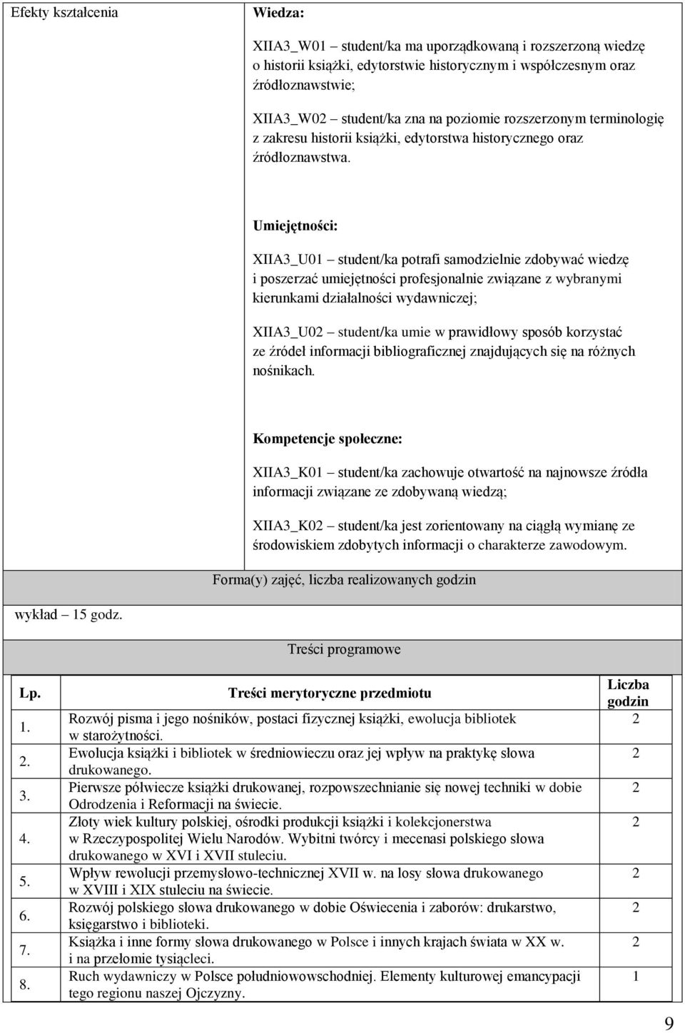 Umiejętności: XIIA3_U01 student/ka potrafi samodzielnie zdobywać wiedzę i poszerzać umiejętności profesjonalnie związane z wybranymi kierunkami działalności wydawniczej; XIIA3_U0 student/ka umie w