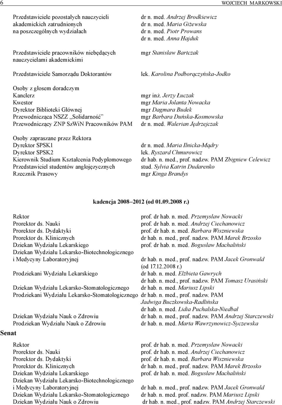 Dyrektor SPSK1 Dyrektor SPSK2 Kierownik Studium Kształcenia Podyplomowego Przedstawiciel studentów anglojęzycznych Rzecznik Prasowy dr n. med. Andrzej Brodkiewicz dr n. med. Maria Giżewska dr n. med. Piotr Prowans dr n.