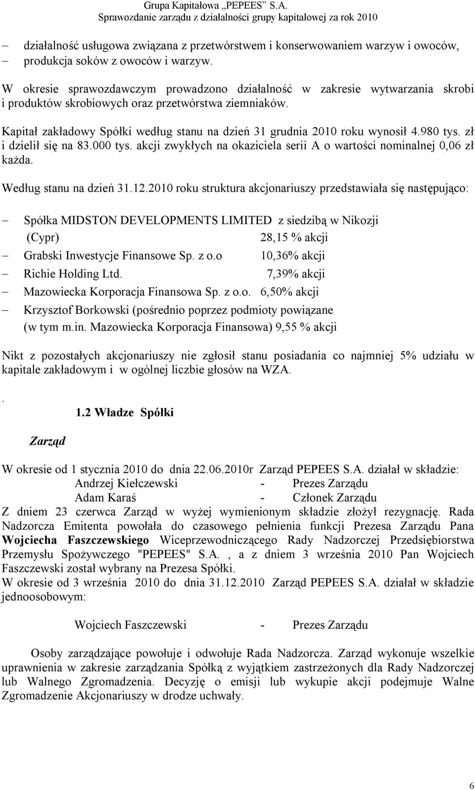 Kapitał zakładowy Spółki według stanu na dzień 31 grudnia 2010 roku wynosił 4.980 tys. zł i dzielił się na 83.000 tys. akcji zwykłych na okaziciela serii A o wartości nominalnej 0,06 zł każda.