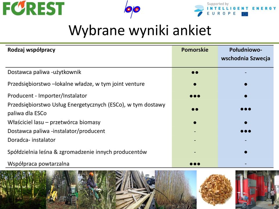 Energetycznych (ESCo), w tym dostawy paliwa dla ESCo Właściciel lasu przetwórca biomasy Dostawca paliwa