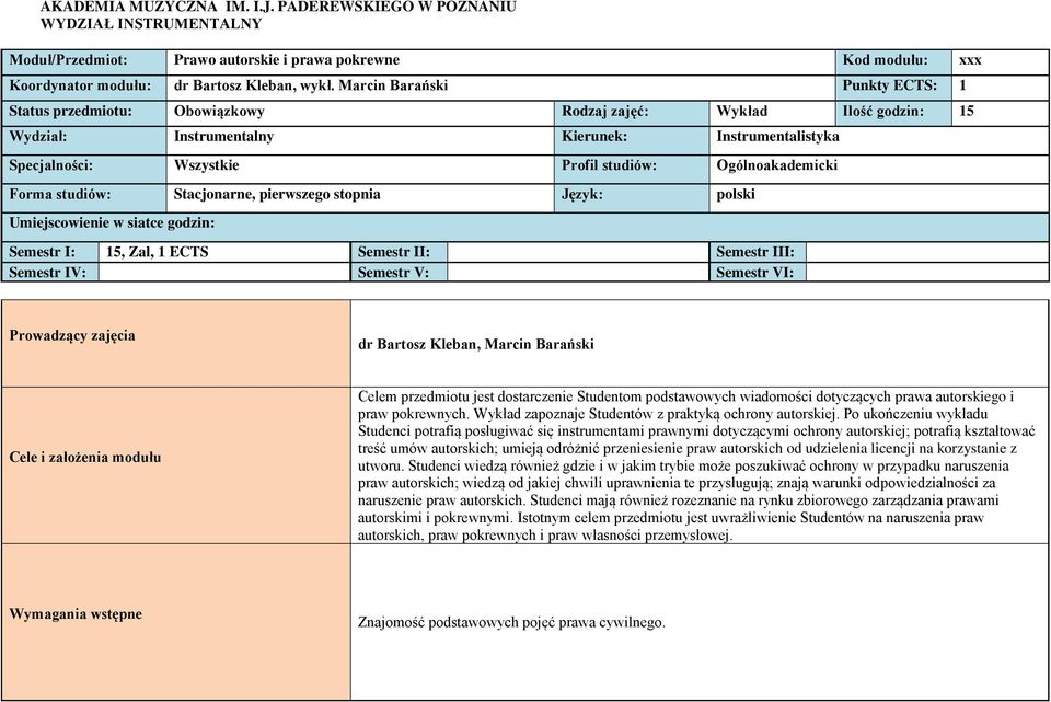 Ogólnoakademicki Forma studiów: Stacjonarne, pierwszego stopnia Język: polski Umiejscowienie w siatce godzin: Semestr I: 15, Zal, 1 ECTS Semestr II: Semestr III: Semestr IV: Semestr V: Semestr VI: