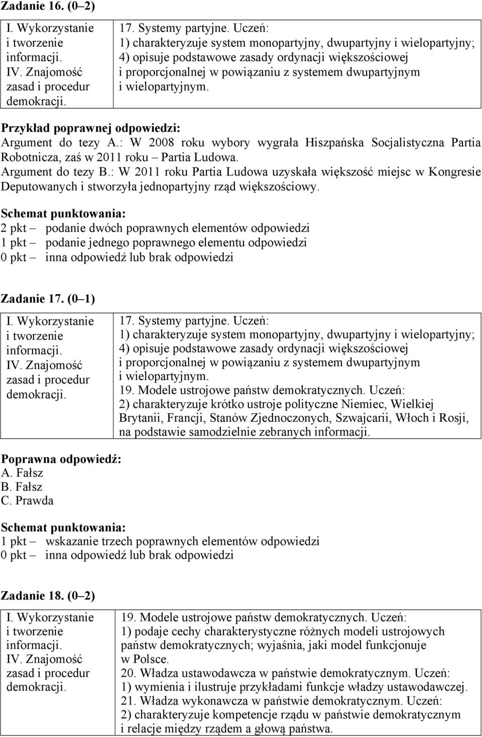 wielopartyjnym. Przykład poprawnej odpowiedzi: Argument do tezy A.: W 2008 roku wybory wygrała Hiszpańska Socjalistyczna Partia Robotnicza, zaś w 2011 roku Partia Ludowa. Argument do tezy B.