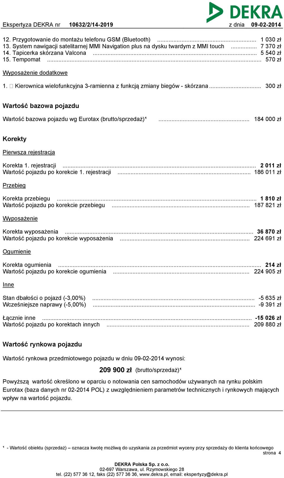 .. 300 zł Wartość bazowa pojazdu Wartość bazowa pojazdu wg Eurotax (brutto/sprzedaż)¹... 184 000 zł Korekty Pierwsza rejestracja Korekta 1. rejestracji... 2 011 zł Wartość pojazdu po korekcie 1.