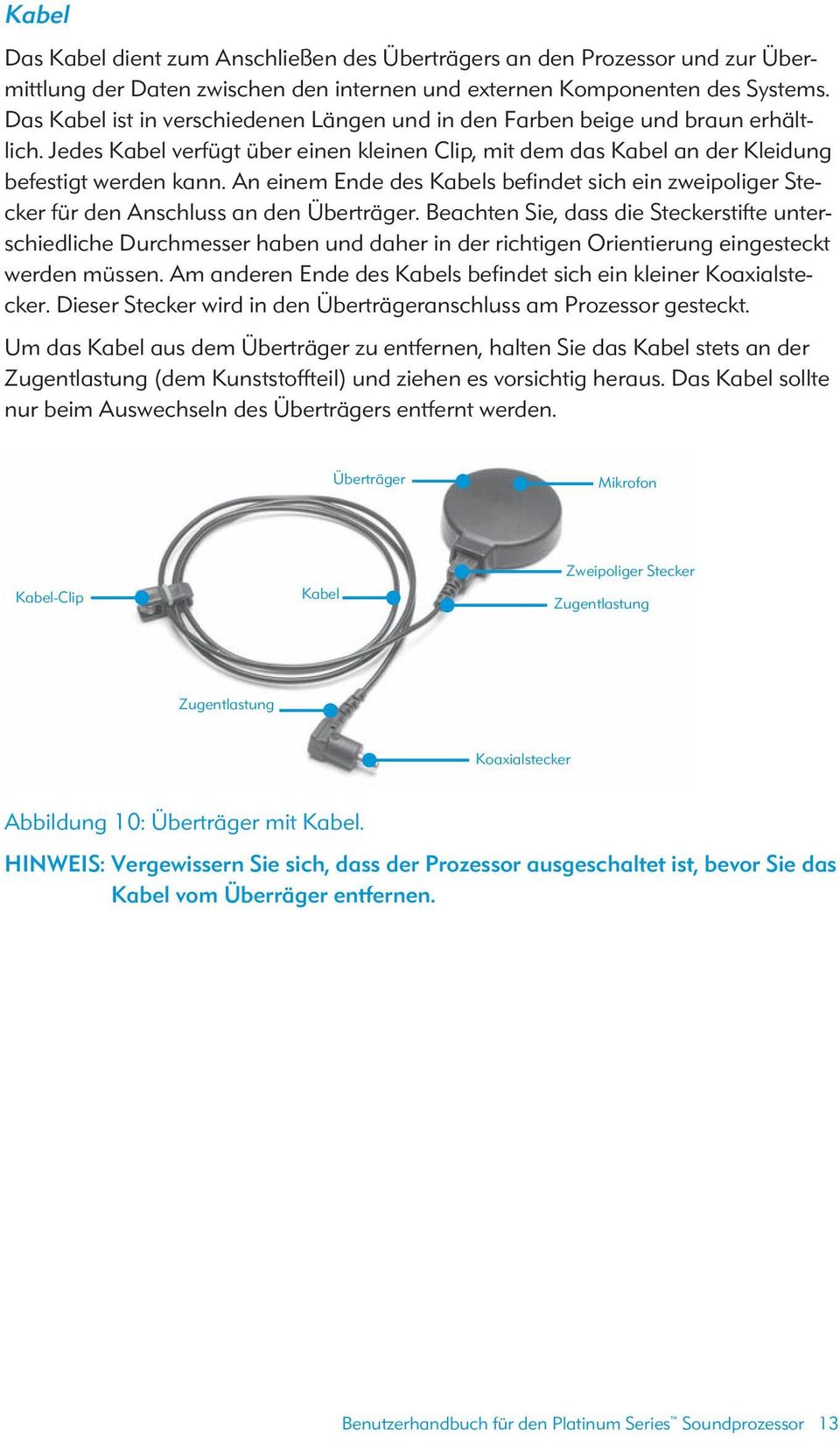 An einem Ende des Kabels befindet sich ein zweipoliger Stecker für den Anschluss an den Überträger.