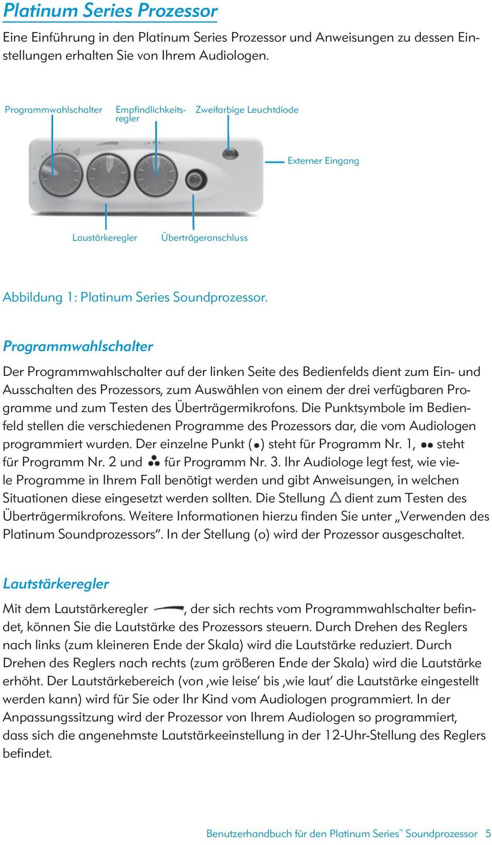 Programmwahlschalter Der Programmwahlschalter auf der linken Seite des Bedienfelds dient zum Ein- und Ausschalten des Prozessors, zum Auswählen von einem der drei verfügbaren Programme und zum Testen