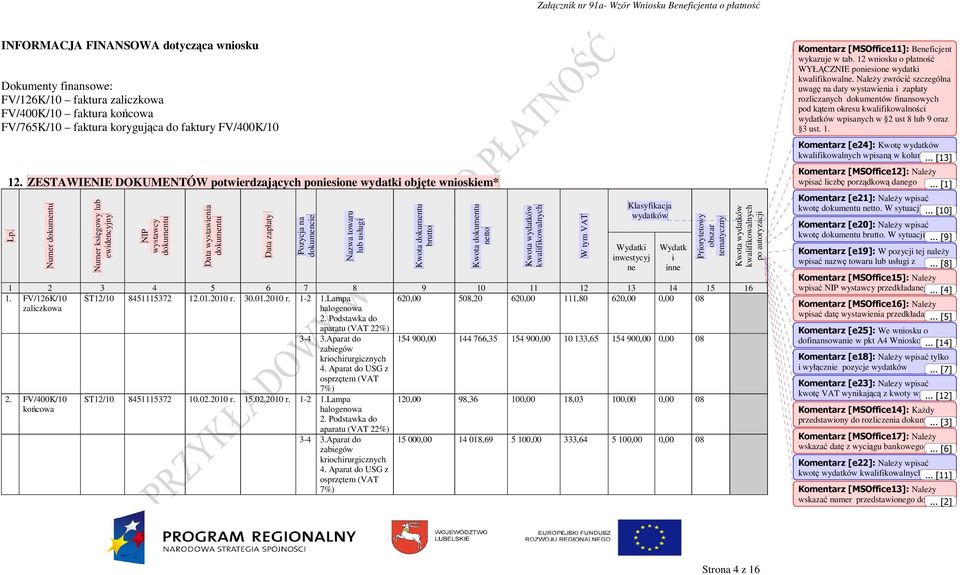 Numer dokumentu Numer księgowy lub ewidencyjny NIP wystawcy dokumentu Data wystawienia dokumentu Data zapłaty Pozycja na dokumencie Nazwa towaru lub usługi Kwota dokumentu brutto Kwota dokumentu