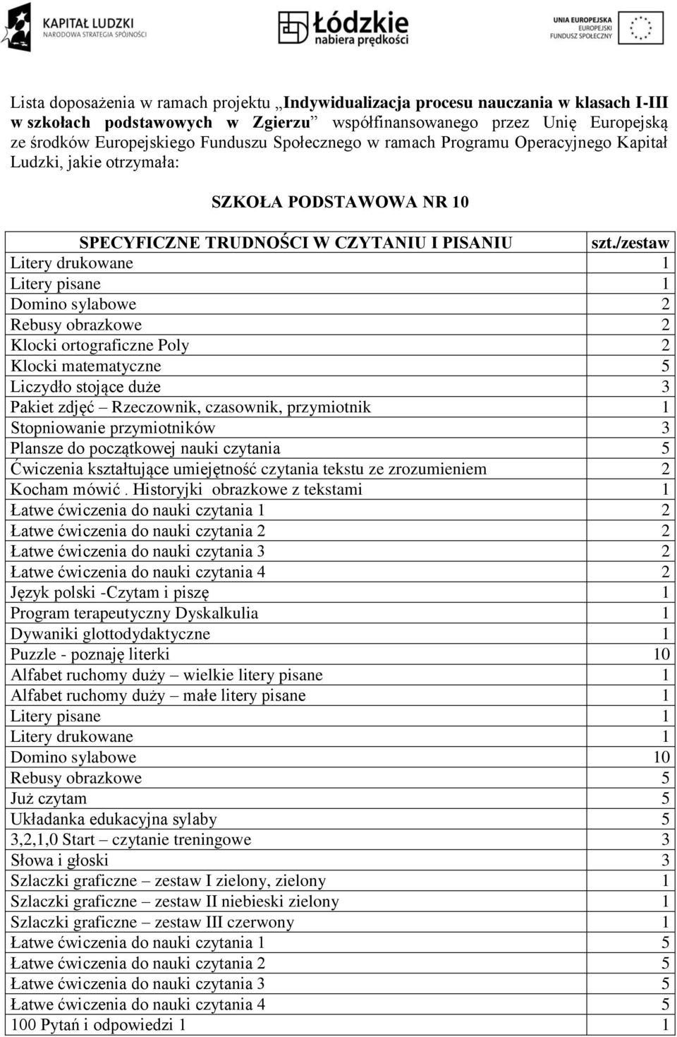 /zestaw Litery drukowane 1 Litery pisane 1 Domino sylabowe 2 Rebusy obrazkowe 2 Klocki ortograficzne Poly 2 Klocki matematyczne 5 Liczydło stojące duże 3 Pakiet zdjęć Rzeczownik, czasownik,