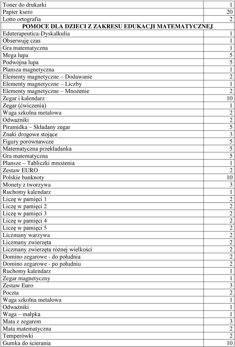 Piramidka Składany zegar 5 Znaki drogowe stojące 3 Figury porównawcze 5 Matematyczna przekładanka 5 Gra matematyczna 5 Plansze Tabliczki mnożenia 1 Zestaw EURO 2 Polskie banknoty 10 Monety z tworzywa