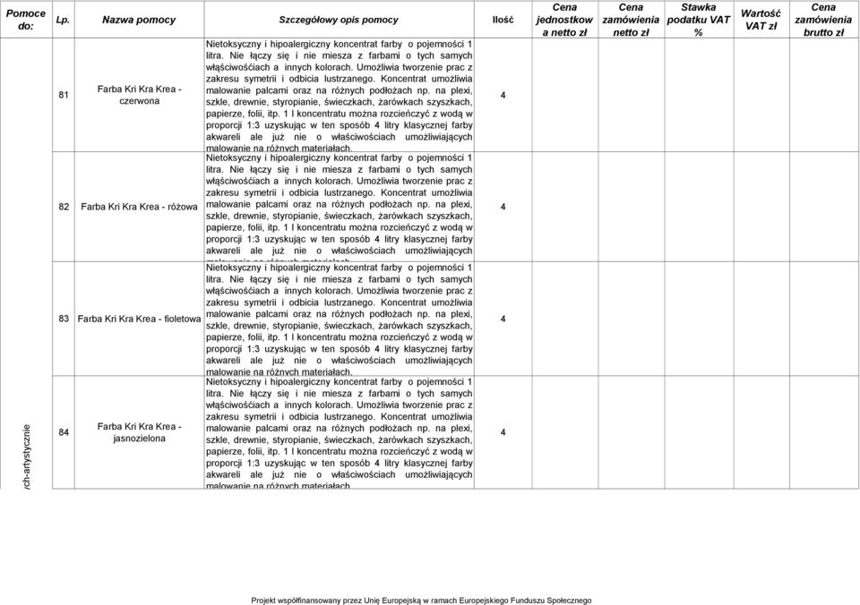 litry klasycznej farby 8 Farba Kri Kra Krea - fioletowa proporcji 1: uzyskując w ten sposób litry