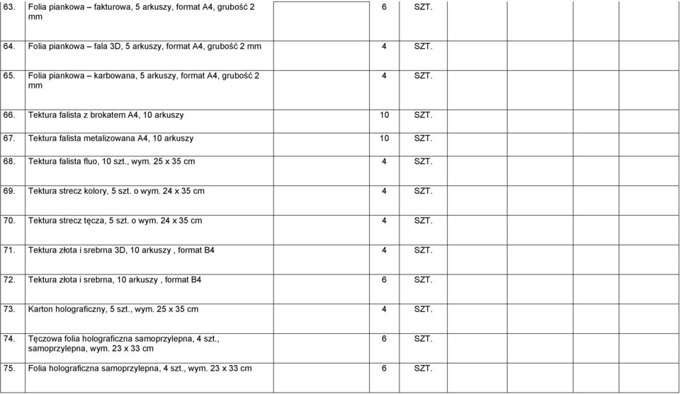 Tektura falista fluo, 10 szt., wym. 25 x 35 cm 4 SZT. 69. Tektura strecz kolory, 5 szt. o wym. 24 x 35 cm 4 SZT. 70. Tektura strecz tęcza, 5 szt. o wym. 24 x 35 cm 4 SZT. 71.