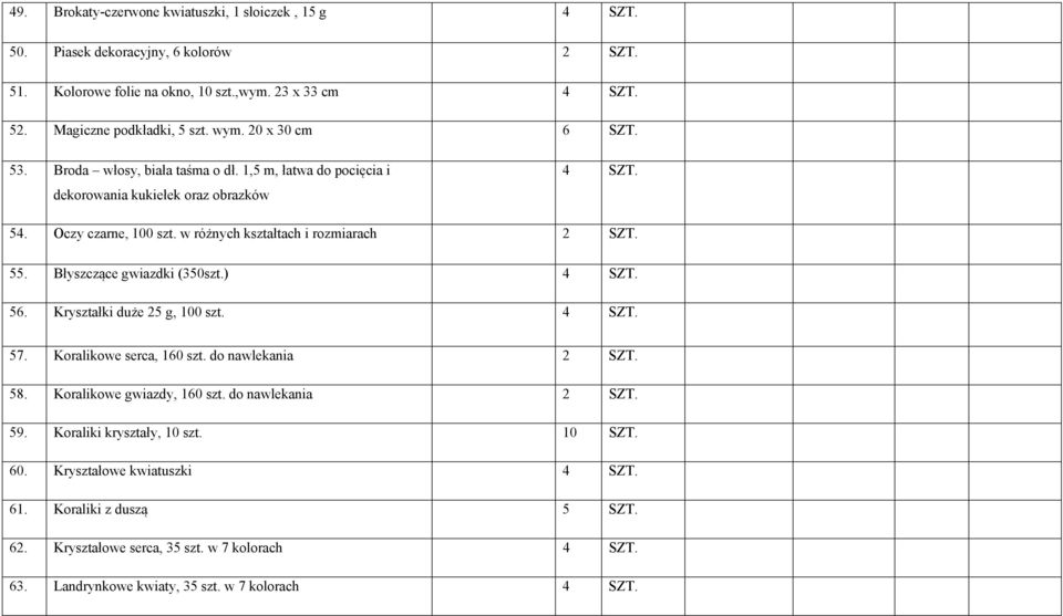 Błyszczące gwiazdki (350szt.) 4 SZT. 56. Kryształki duże 25 g, 100 szt. 4 SZT. 57. Koralikowe serca, 160 szt. do nawlekania 58. Koralikowe gwiazdy, 160 szt. do nawlekania 59.