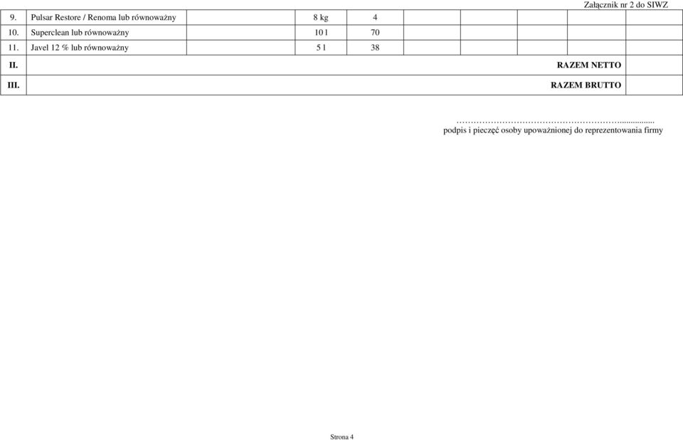 Javel 12 % lub równowaŝny 5 l 38 II. III. RAZEM RAZEM.