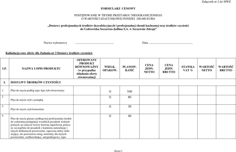 .. Kalkulacja ceny oferty dla Zadania nr 3 Dostawy środków czystości: LP. NAZWA I OPIS PRODUKTU OFEROWANY PRODUKT RÓWNOWAśNY (w przypadku składania oferty równowaŝnej) WIELK. OPAKOW. PLANOW.