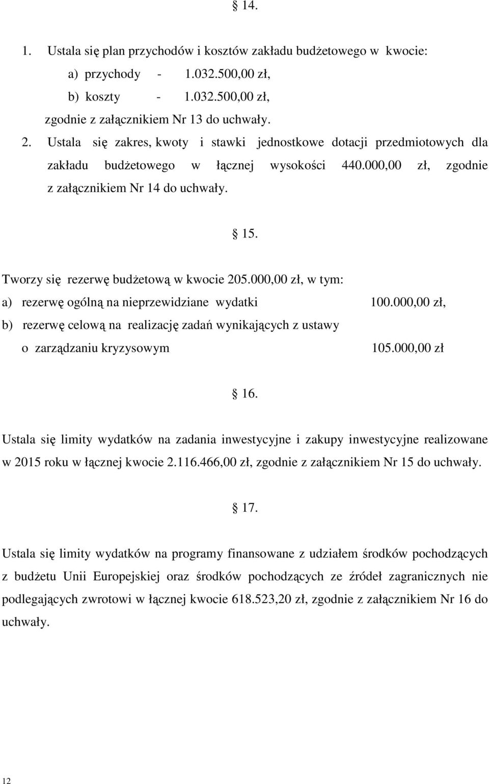 Tworzy się rezerwę budŝetową w kwocie 205.000,00 zł, a) rezerwę ogólną na nieprzewidziane wydatki 100.