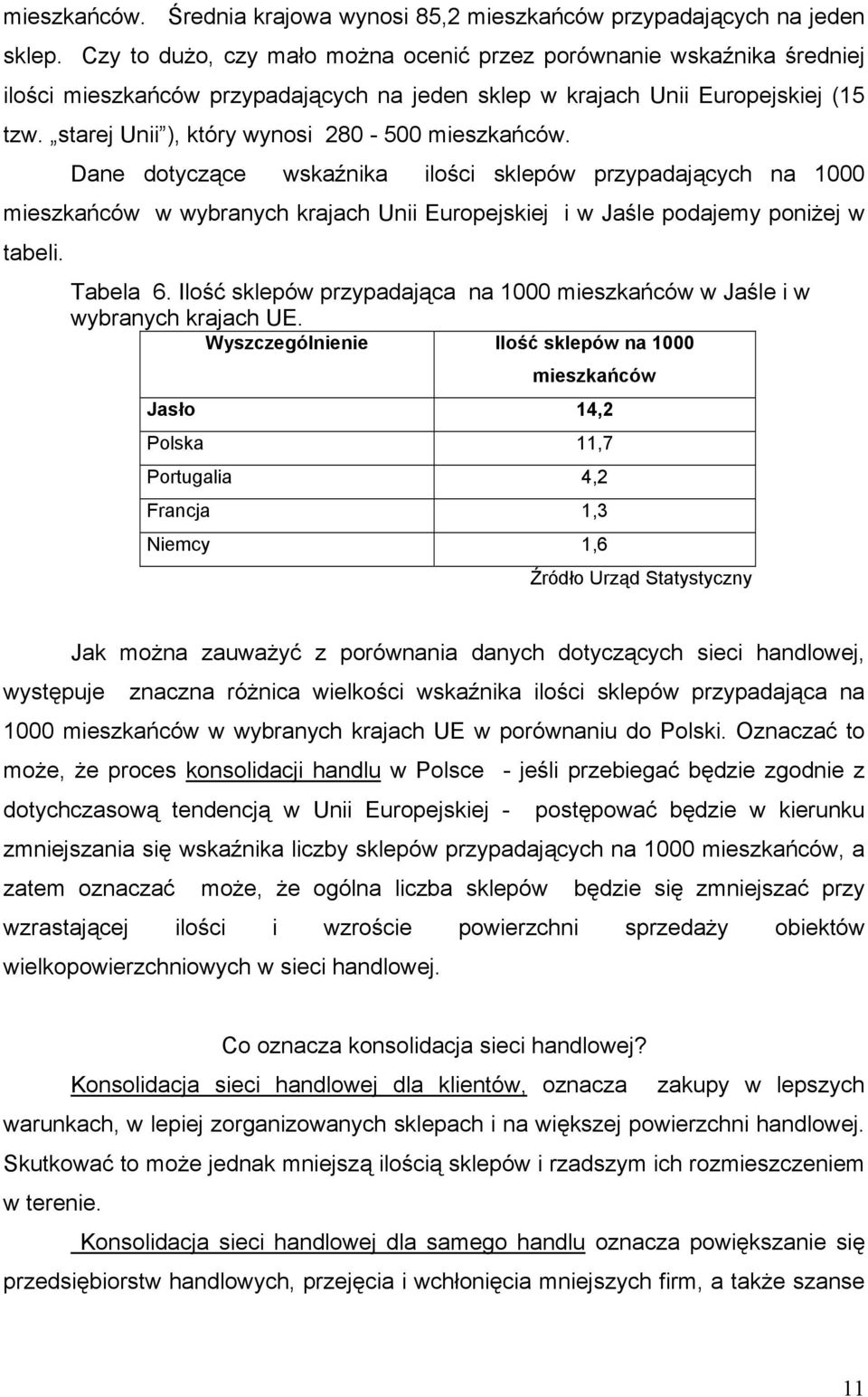 starej Unii ), który wynosi 280-500 mieszkańców. Dane dotyczące wskaźnika ilości sklepów przypadających na 1000 mieszkańców w wybranych krajach Unii Europejskiej i w Jaśle podajemy poniżej w tabeli.