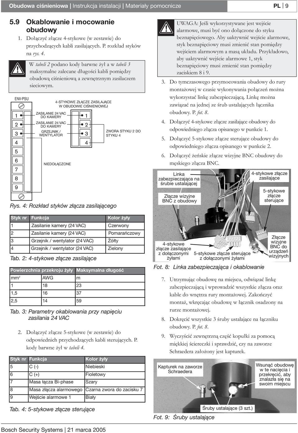 Styk nr Funkcja Kolor żyły 1 Zasilanie kamery (24 VAC) Czerwony 2 Zasilanie kamery (24 VAC) Pomarańczowy 3 Grzejnik / wentylator (24 VAC) Żółty 4 Grzejnik / wentylator (24 VAC) Zielony 2.