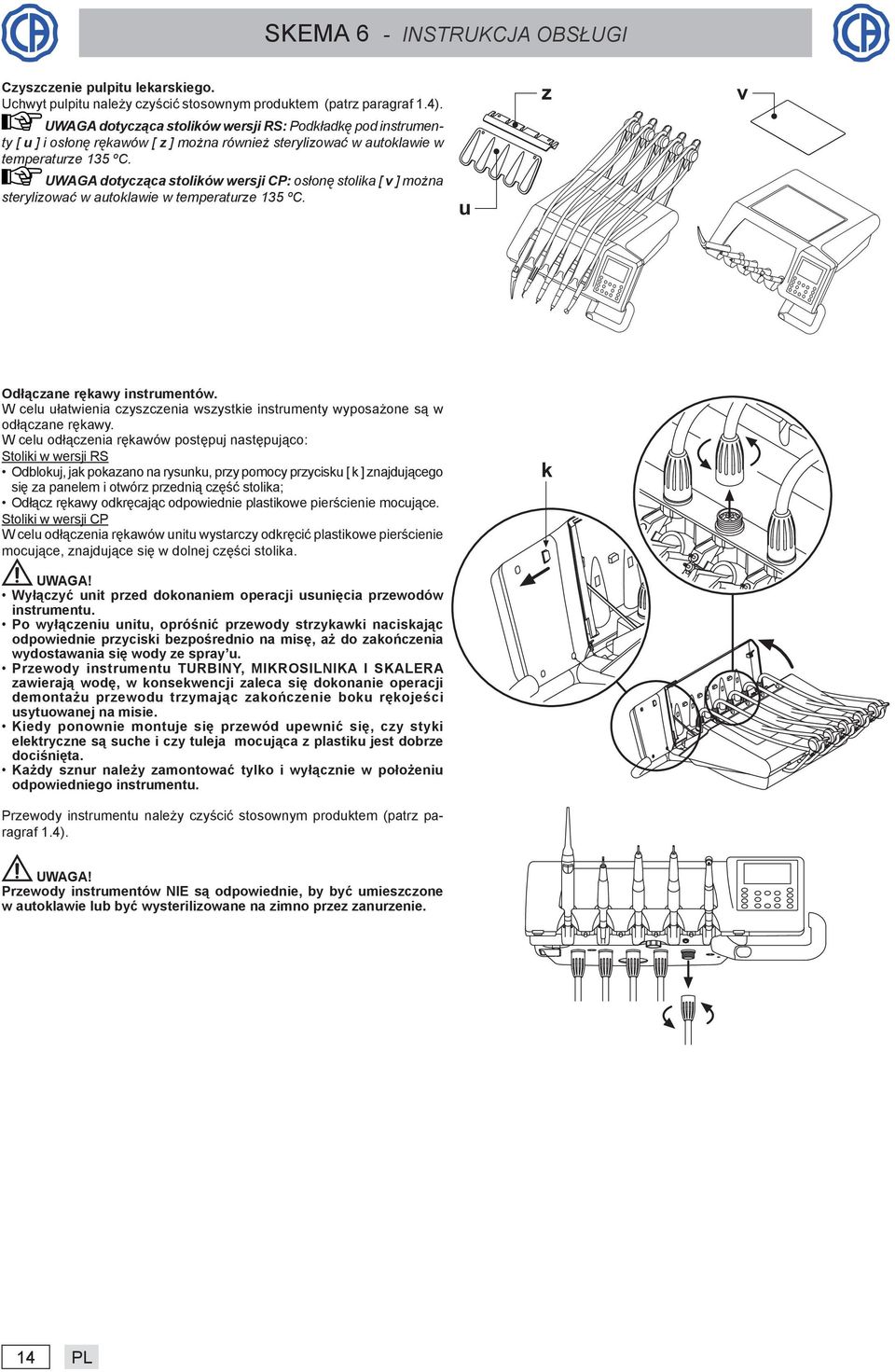 UWAGA dotycząca stolików wersji CP: osłonę stolika [ v ] można sterylizować w autoklawie w temperaturze 135 ºC. u z v Odłączane rękawy instrumentów.
