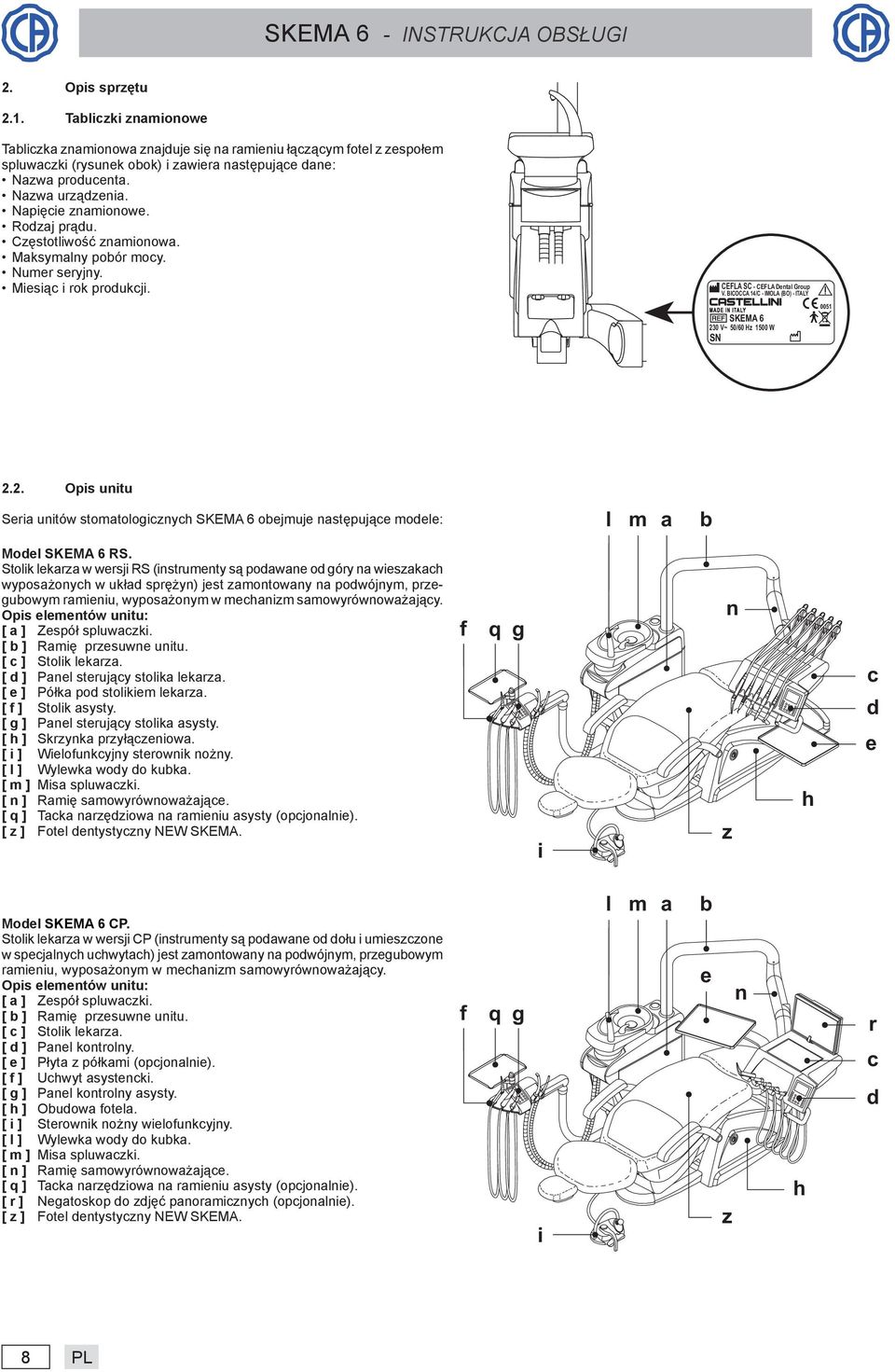 BICOCCA 14/C - IMOLA (BO) - ITALY MADE IN ITALY SKEMA 6 230 V~ 50/60 Hz 1500 W SN 0051 2.2. Opis unitu Seria unitów stomatologicznych SKEMA 6 obejmuje następujące modele: l m a b Model SKEMA 6 RS.