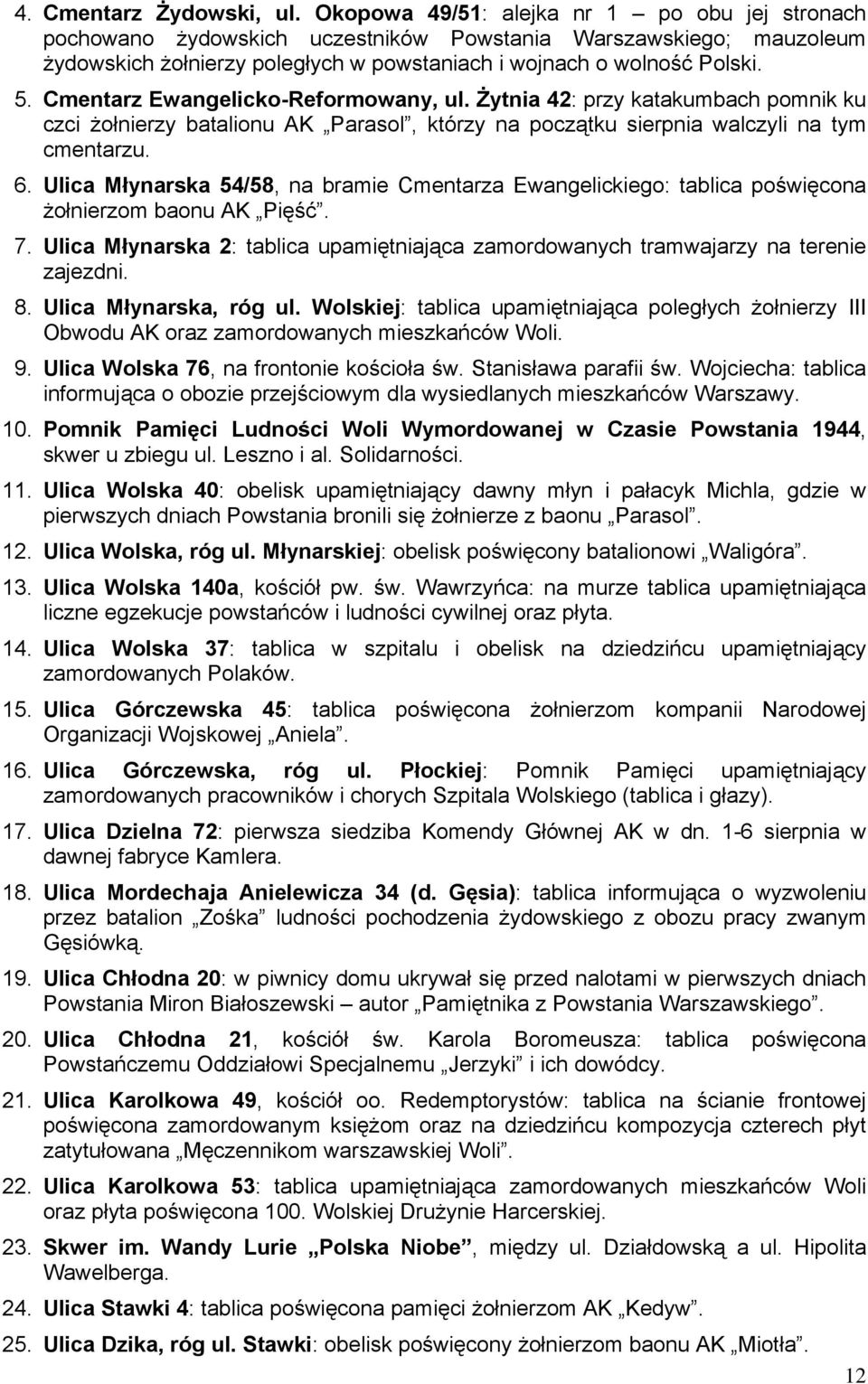 Cmentarz Ewangelicko-Reformowany, ul. Żytnia 42: przy katakumbach pomnik ku czci żołnierzy batalionu AK Parasol, którzy na początku sierpnia walczyli na tym cmentarzu. 6.