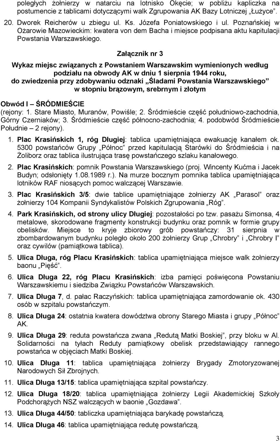 Załącznik nr 3 Wykaz miejsc związanych z Powstaniem Warszawskim wymienionych według podziału na obwody AK w dniu 1 sierpnia 1944 roku, do zwiedzenia przy zdobywaniu odznaki Śladami Powstania