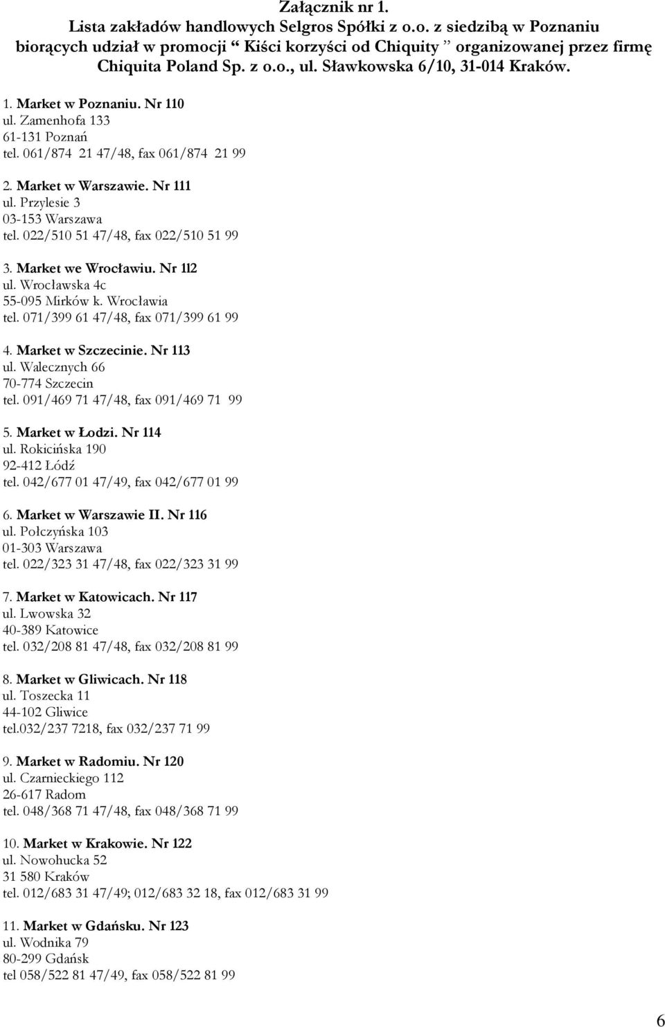 022/510 51 47/48, fax 022/510 51 99 3. Market we Wrocławiu. Nr 1l2 ul. Wrocławska 4c 55-095 Mirków k. Wrocławia tel. 071/399 61 47/48, fax 071/399 61 99 4. Market w Szczecinie. Nr 113 ul.