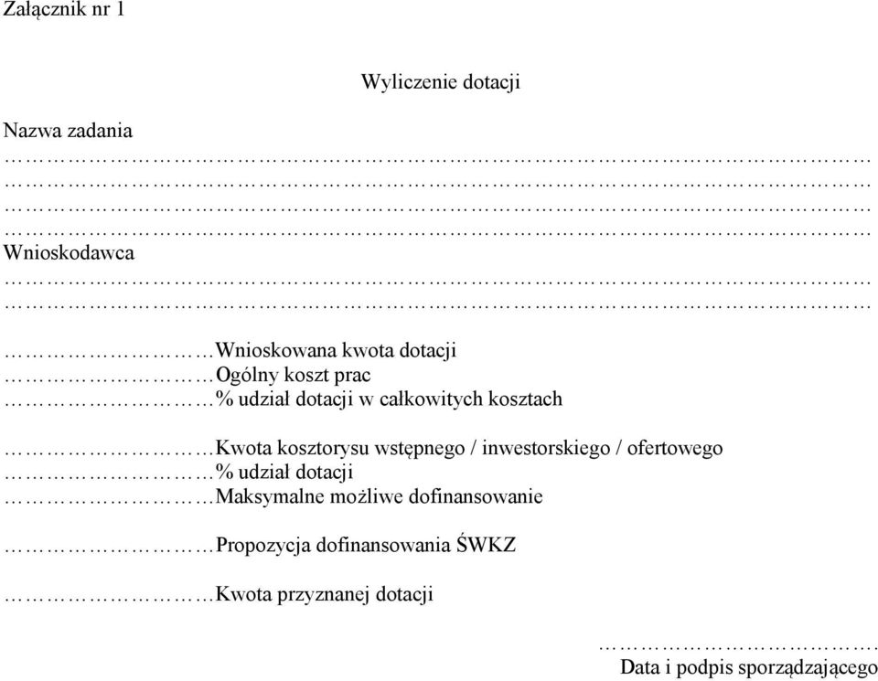 wstępnego / inwestorskiego / ofertowego % udział dotacji Maksymalne możliwe