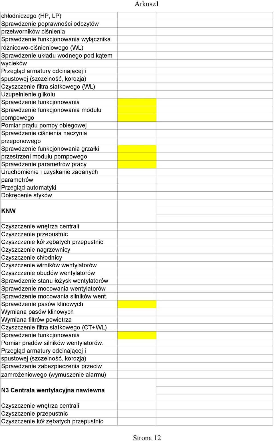 pracy Uruchomienie i uzyskanie zadanych parametrów Przegląd automatyki Dokręcenie styków KNW Czyszczenie wirników wentylatorów Czyszczenie obudów wentylatorów Sprawdzenie stanu łożysk