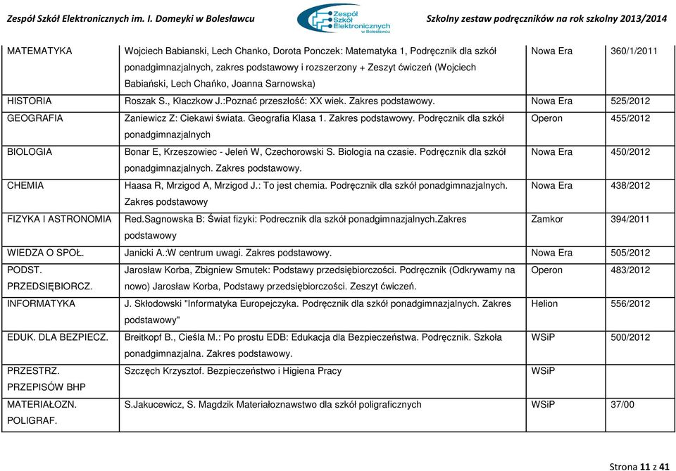 Zakres podstawowy. Podręcznik dla szkół Operon 455/2012 ponadgimnazjalnych BIOLOGIA Bonar E, Krzeszowiec - Jeleń W, Czechorowski S. Biologia na czasie.