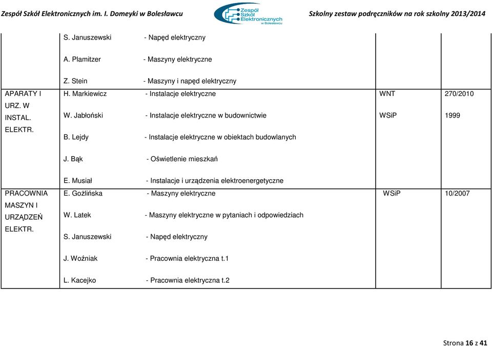 Lejdy - Instalacje elektryczne w obiektach budowlanych J. Bąk - Oświetlenie mieszkań PRACOWNIA MASZYN I URZĄDZEŃ EL