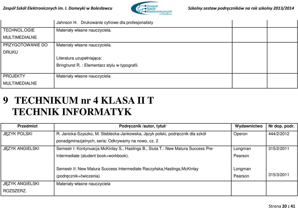 JĘZYK POLSKI JĘZYK ANGIELSKI R. Janicka-Szyszko, M. Steblecka-Jankowska, Język polski, podręcznik dla szkół ponadgminazjalnych, seria: Odkrywamy na nowo, cz. 2 Semestr I: Kontynuacja McKinlay S.