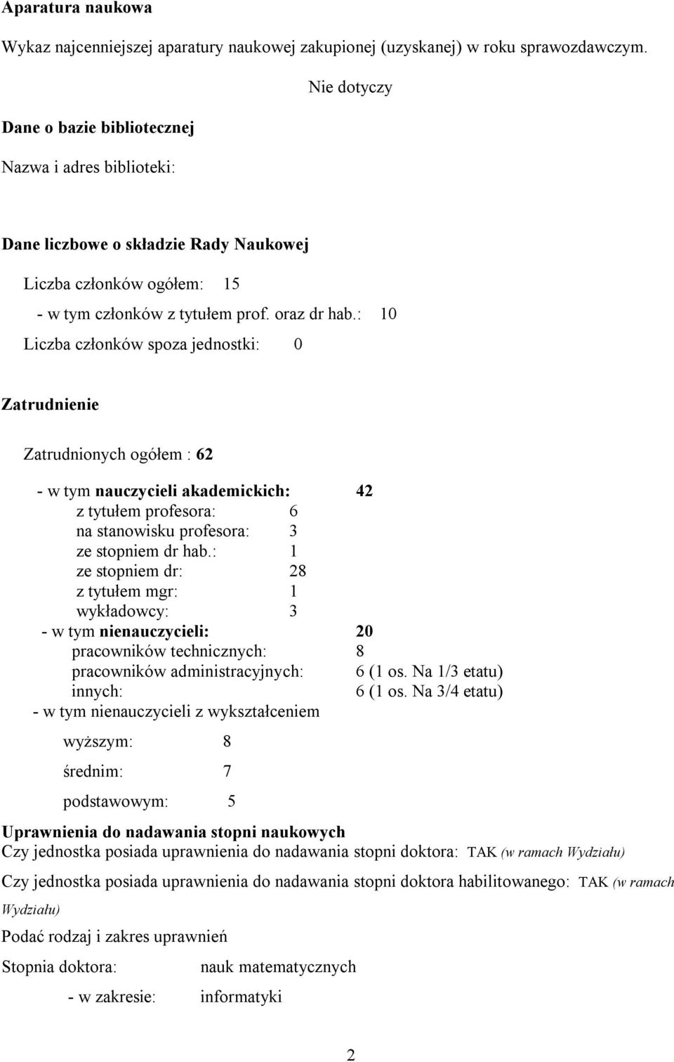 : 10 Liczba członków spoza jednostki: 0 Zatrudnienie Zatrudnionych ogółem : 62 - w tym nauczycieli akademickich: 42 z tytułem profesora: 6 na stanowisku profesora: 3 ze stopniem dr hab.