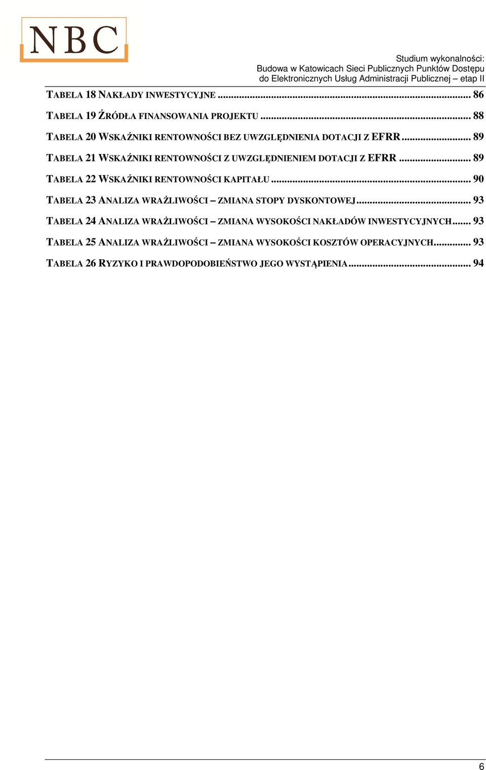 .. 89 TABELA 21 WSKAŹNIKI RENTOWNOŚCI Z UWZGLĘDNIENIEM DOTACJI Z EFRR... 89 TABELA 22 WSKAŹNIKI RENTOWNOŚCI KAPITAŁU.