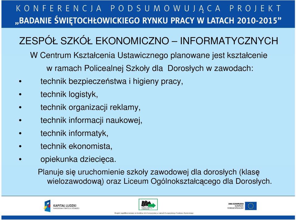 organizacji reklamy, technik informacji naukowej, technik informatyk, technik ekonomista, opiekunka dziecięca.