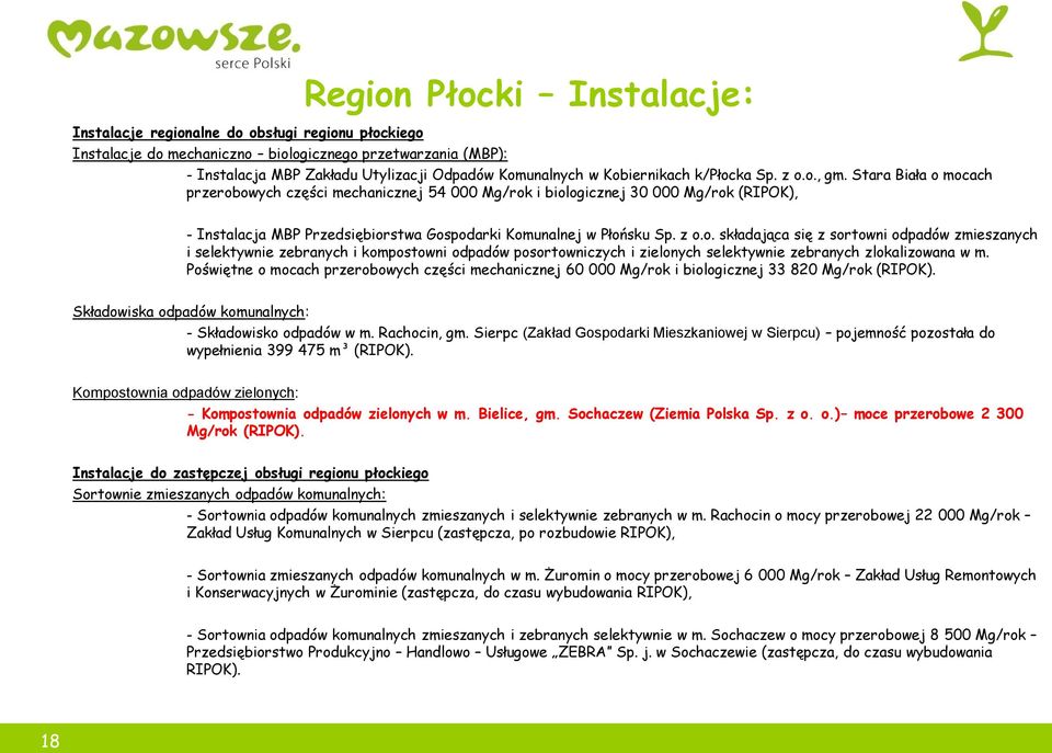 Stara Biała o mocach przerobowych części mechanicznej 54 000 Mg/rok i biologicznej 30 000 Mg/rok (RIPOK), - Instalacja MBP Przedsiębiorstwa Gospodarki Komunalnej w Płońsku Sp. z o.o. składająca się z sortowni odpadów zmieszanych i selektywnie zebranych i kompostowni odpadów posortowniczych i zielonych selektywnie zebranych zlokalizowana w m.