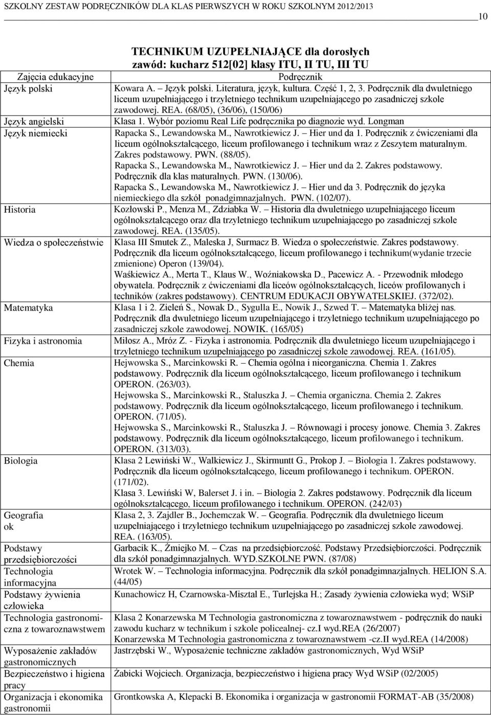 . Literatura, język, kultura. Część 1, 2, 3. Podręcznik dla dwuletniego liceum uzupełniającego i trzyletniego technikum uzupełniającego po zasadniczej szkole zawodowej. REA.