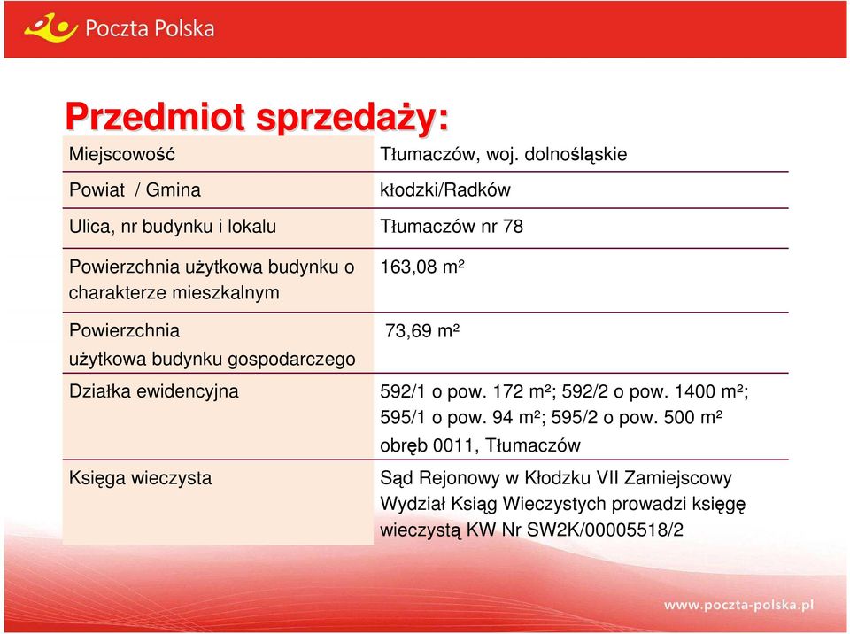 charakterze mieszkalnym Powierzchnia użytkowa budynku gospodarczego Działka ewidencyjna Księga wieczysta 163,08 m² 73,69 m²