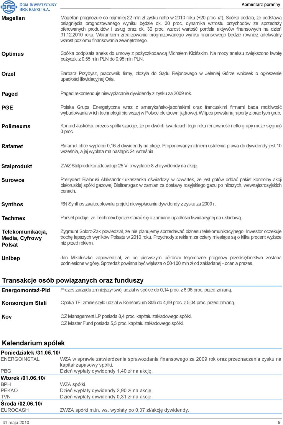 Warunkiem zrealizowania prognozowanego wyniku finansowego będzie równieŝ adekwatny wzrost poziomu finansowania zewnętrznego. Spółka podpisała aneks do umowy z poŝyczkodawcą Michałem Kicińskim.