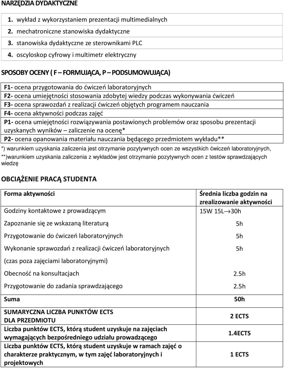 wykonywania ćwiczeń F3- ocena sprawozdań z realizacji ćwiczeń objętych programem nauczania F4- ocena aktywności podczas zajęć P- ocena umiejętności rozwiązywania postawionych problemów oraz sposobu