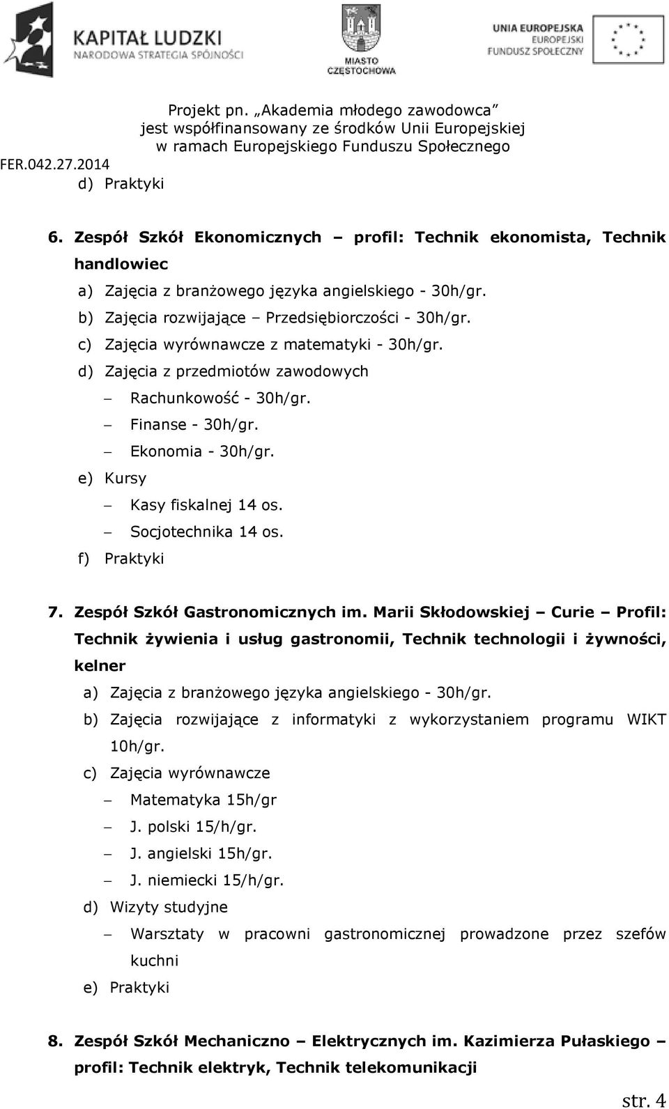 Marii Skłodowskiej Curie Profil: Technik żywienia i usług gastronomii, Technik technologii i żywności, kelner b) Zajęcia rozwijające z informatyki z wykorzystaniem programu WIKT 10h/gr.