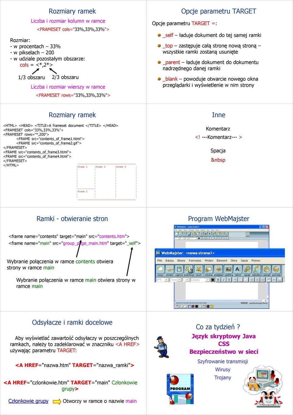 wszystkie ramki zostaną usunięte _parent ładuje dokument do dokumentu nadrzędnego danej ramki _blank powoduje otwarcie nowego okna przeglądarki i wyświetlenie w nim strony Rozmiary ramek <HTML>