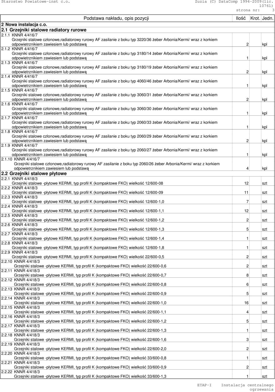 1 KNNR 4/416/7 Grzejniki stalowe członowe,radiatorowy rurowy AF zasilanie z boku typ 3220/36 Ŝeber Arbonia/Kermi/ wraz z korkiem odpowietrznikiem zawiesiem lub podstawą 2 kpl 2.1.2 KNNR 4/416/7 Grzejniki stalowe członowe,radiatorowy rurowy AF zasilanie z boku typ 3180/14 Ŝeber Arbonia/Kermi/ wraz z korkiem 2.