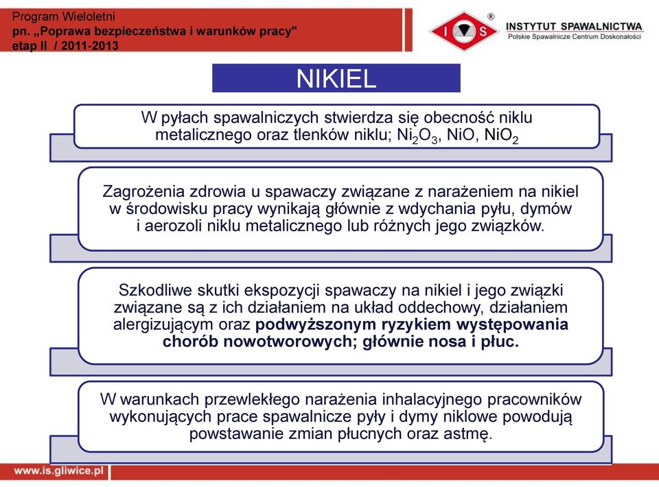 Szkodliwe skutki ekspozycji spawaczy na nikiel i jego związki związane są z ich działaniem na układ oddechowy, działaniem alergizującym oraz podwyższonym ryzykiem