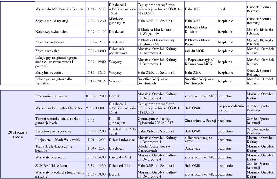 Reprezentacyjna/ Kolumnowa Brazylijskie Jujitsu 17:30-18:15 Wszyscy, ul.