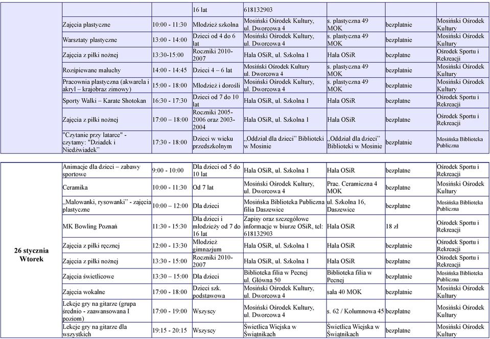 2006 oraz 2003- "Czytanie przy arce" - czytamy: "Dziadek i Niedźwiadek Animacje dla dzieci zabawy sportowe 17:30-18:00 9:00-10:00 Dzieci w wieku przedszkolnym Ceramika 10:00-11:30 Od 7 Dla dzieci od