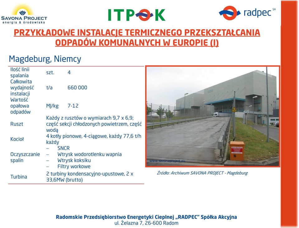 4 t/a 660 000 MJ/kg 7-12 Każdy z rusztów o wymiarach 9,7 x 6,9; część sekcji chłodzonych powietrzem, część wodą 4 kotły pionowe, 4-ciągowe,