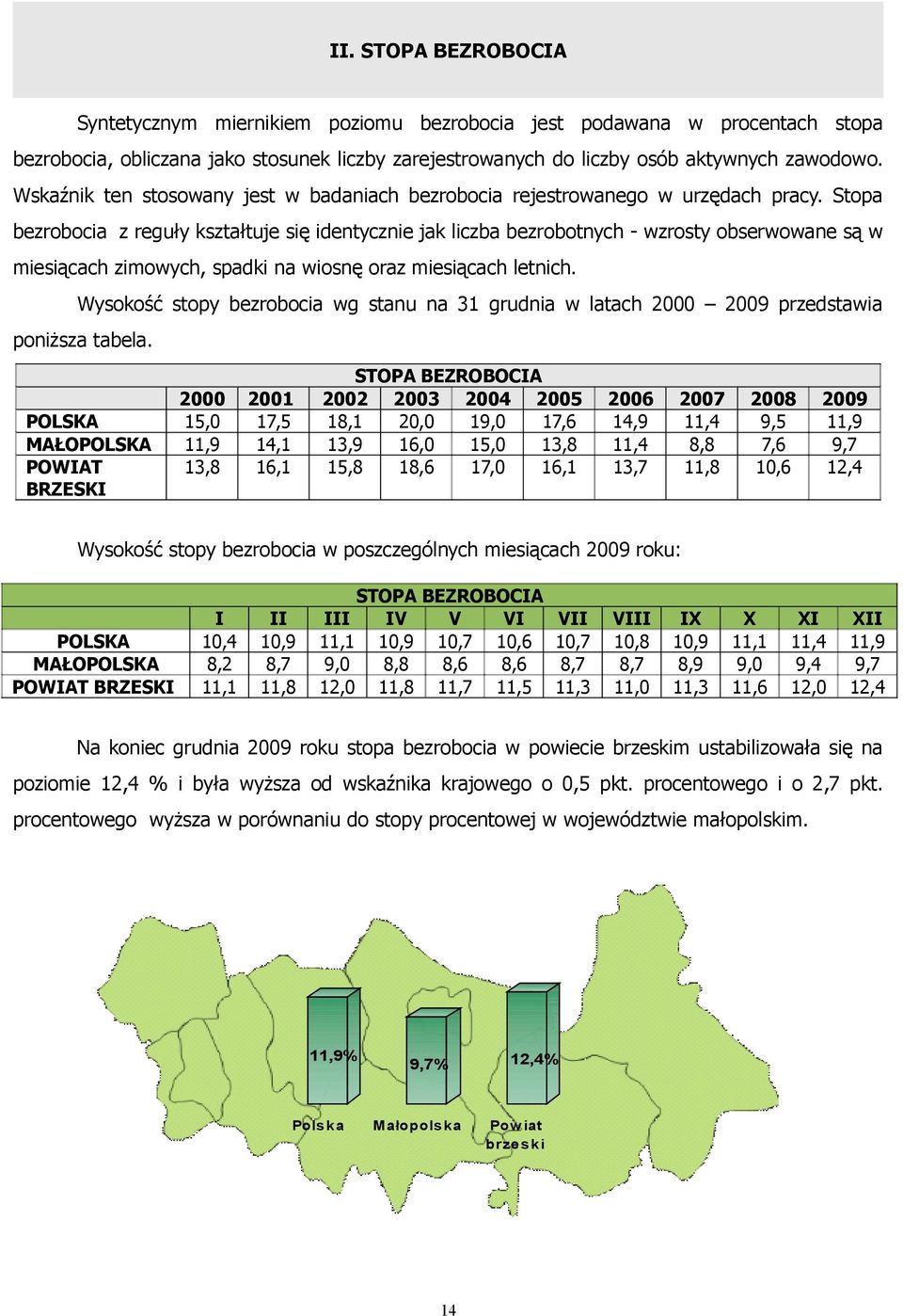 Stopa bezrobocia z reguły kształtuje się identycznie jak liczba bezrobotnych - wzrosty obserwowane są w miesiącach zimowych, spadki na wiosnę oraz miesiącach letnich.