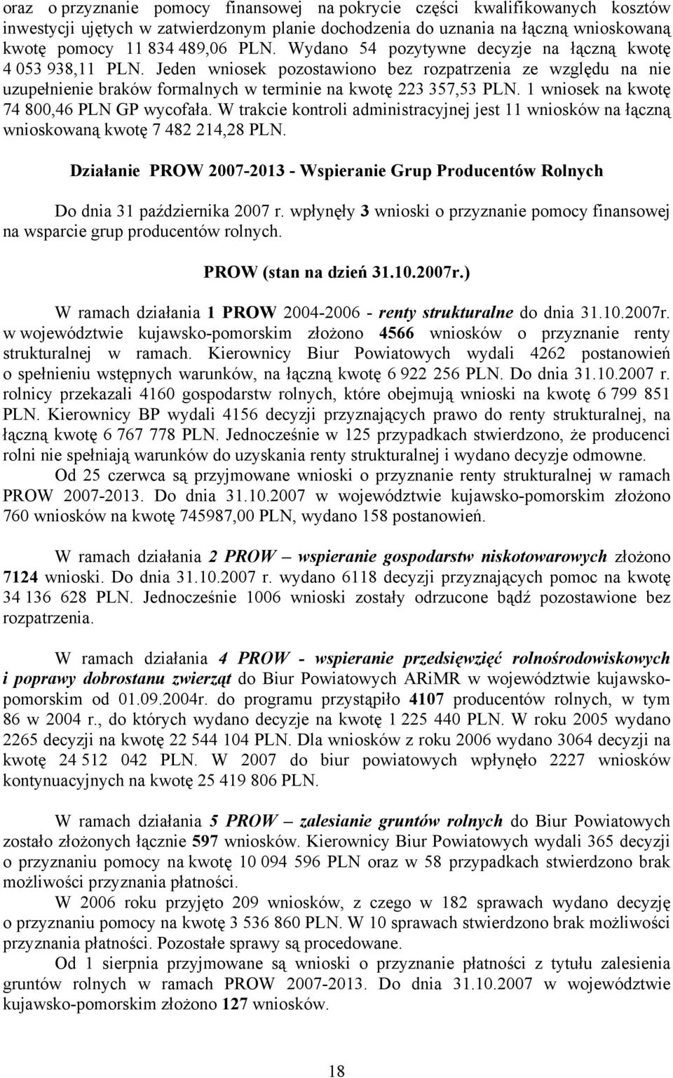 1 wniosek na kwotę 74 800,46 PLN GP wycofała. W trakcie kontroli administracyjnej jest 11 wniosków na łączną wnioskowaną kwotę 7 482 214,28 PLN.