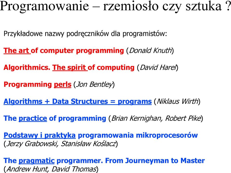 The spirit of computing (David Harel) Programming perls (Jon Bentley) Algorithms + Data Structures = programs (Niklaus