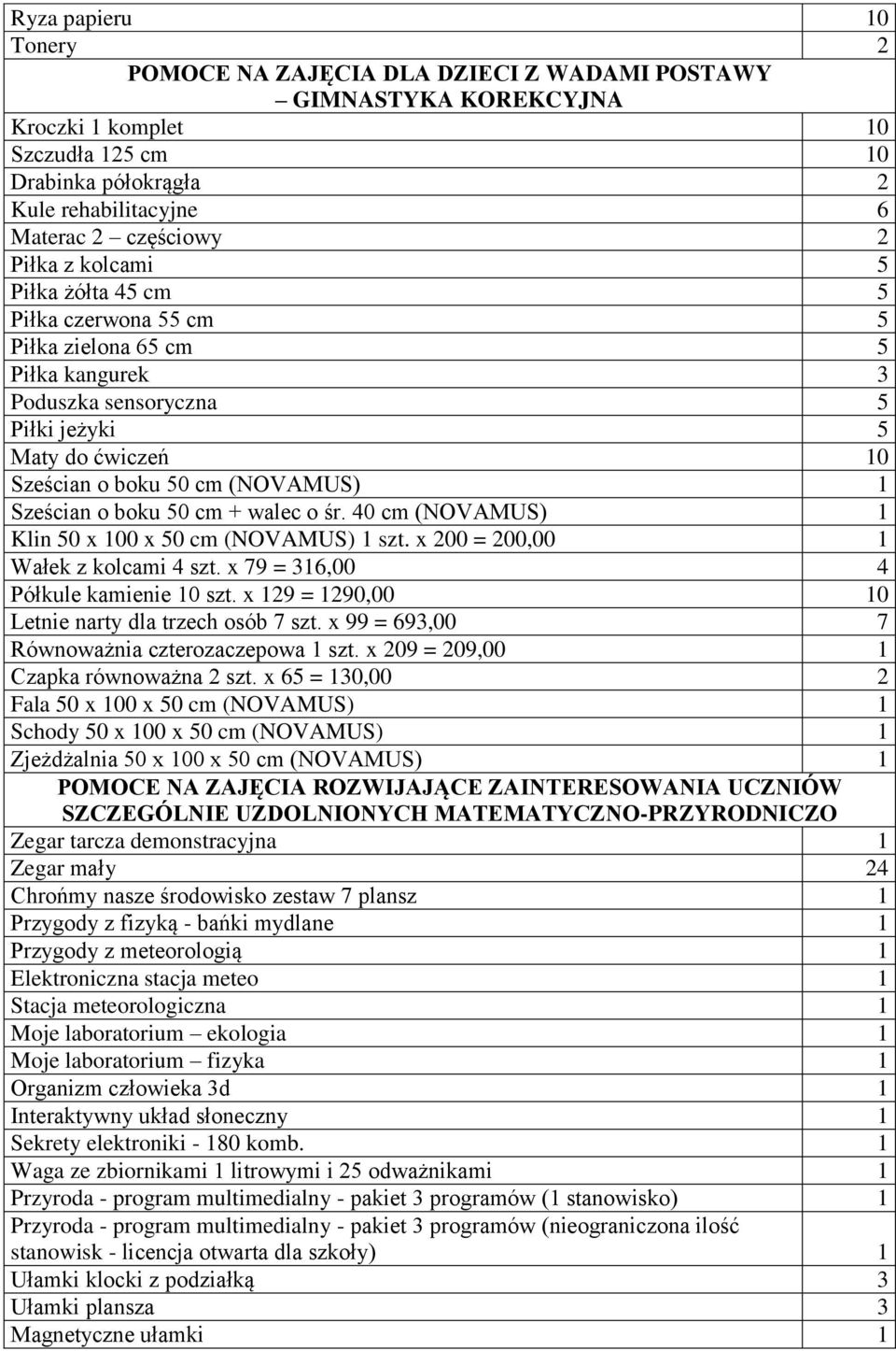 50 cm + walec o śr. 40 cm (NOVAMUS) 1 Klin 50 x 100 x 50 cm (NOVAMUS) 1 szt. x 200 = 200,00 1 Wałek z kolcami 4 szt. x 79 = 316,00 4 Półkule kamienie 10 szt.