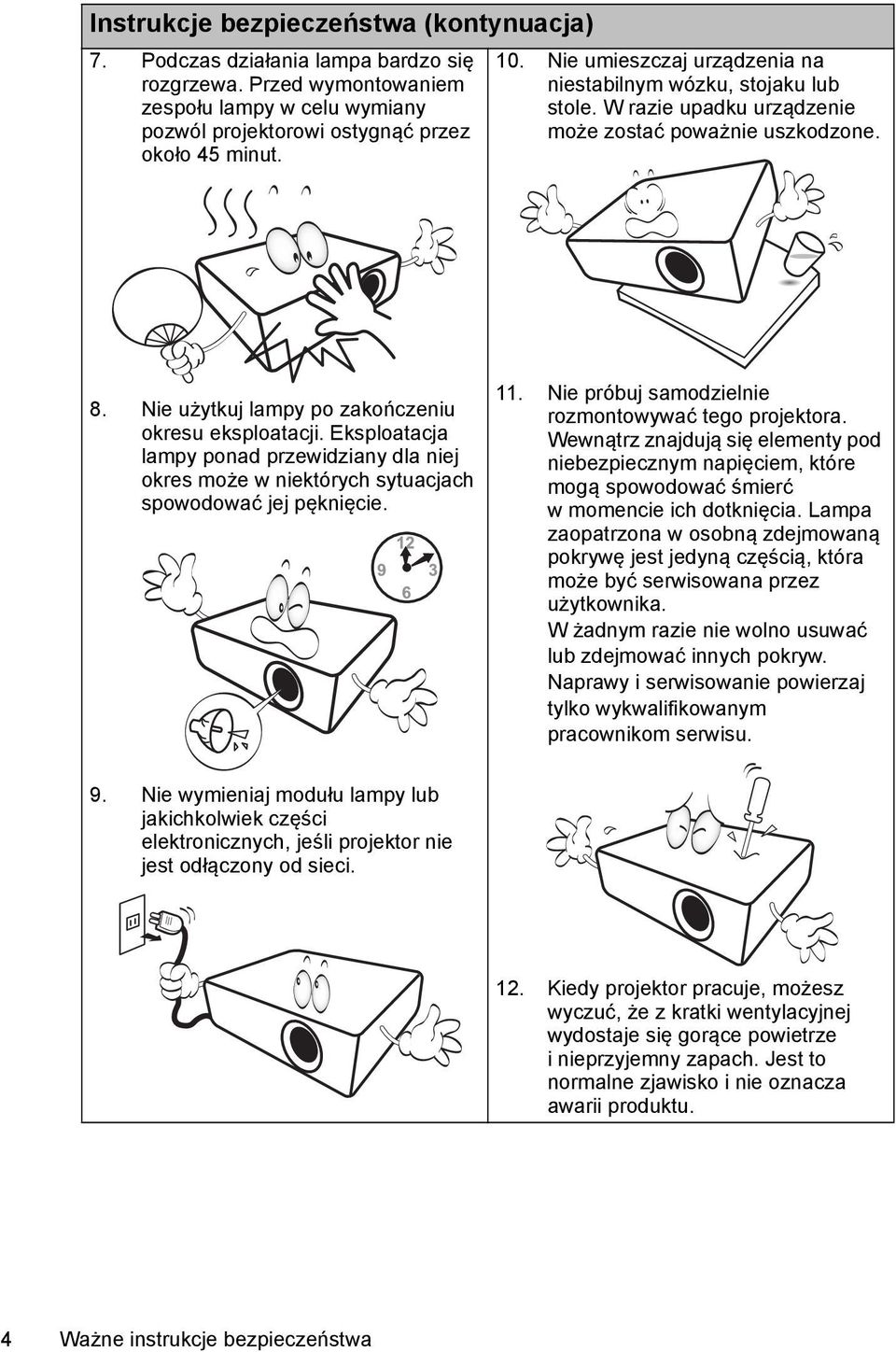 Eksploatacja lampy ponad przewidziany dla niej okres może w niektórych sytuacjach spowodować jej pęknięcie. 11. Nie próbuj samodzielnie rozmontowywać tego projektora.